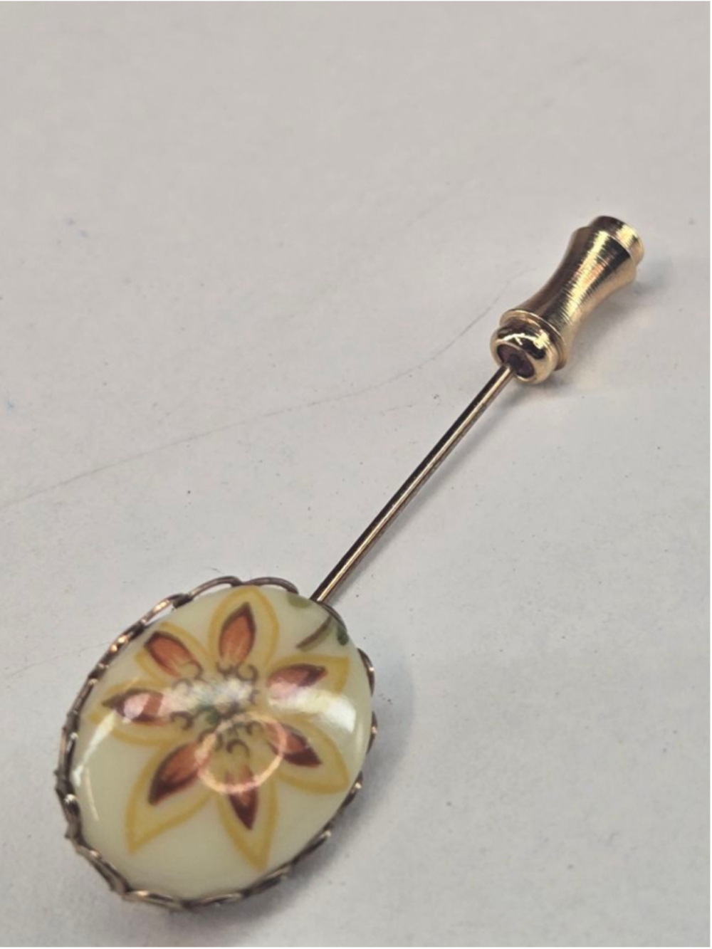 Lenox Stick Pin Cream & Orange Floral Women's Brooch 14k Gold Plated Vintage - Picture 8 of 9